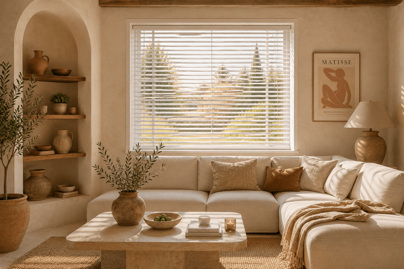 Witte jaloezie in mediterraan interieur woonkamer