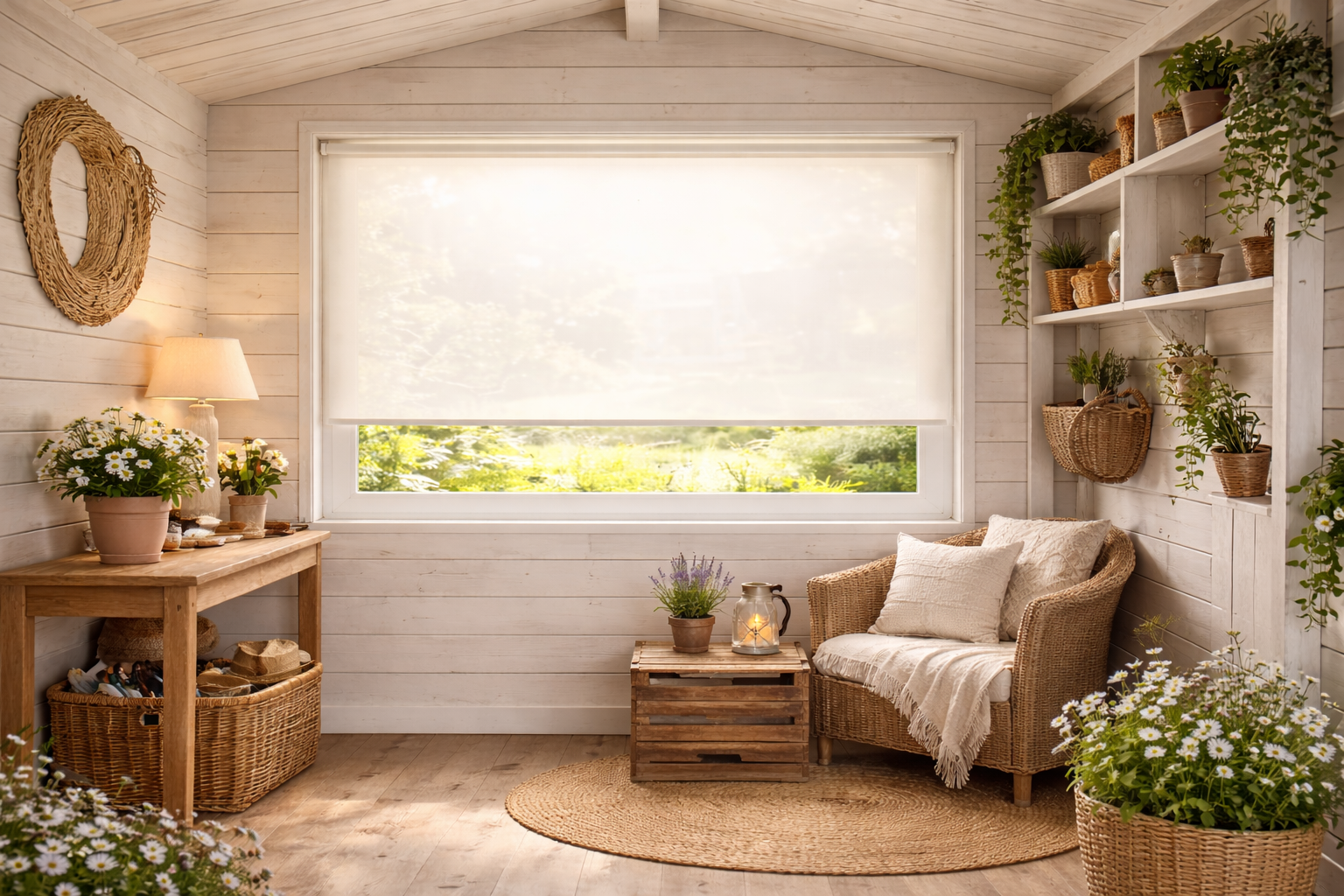 Wit rolgordijn voor een tuinhuisje
