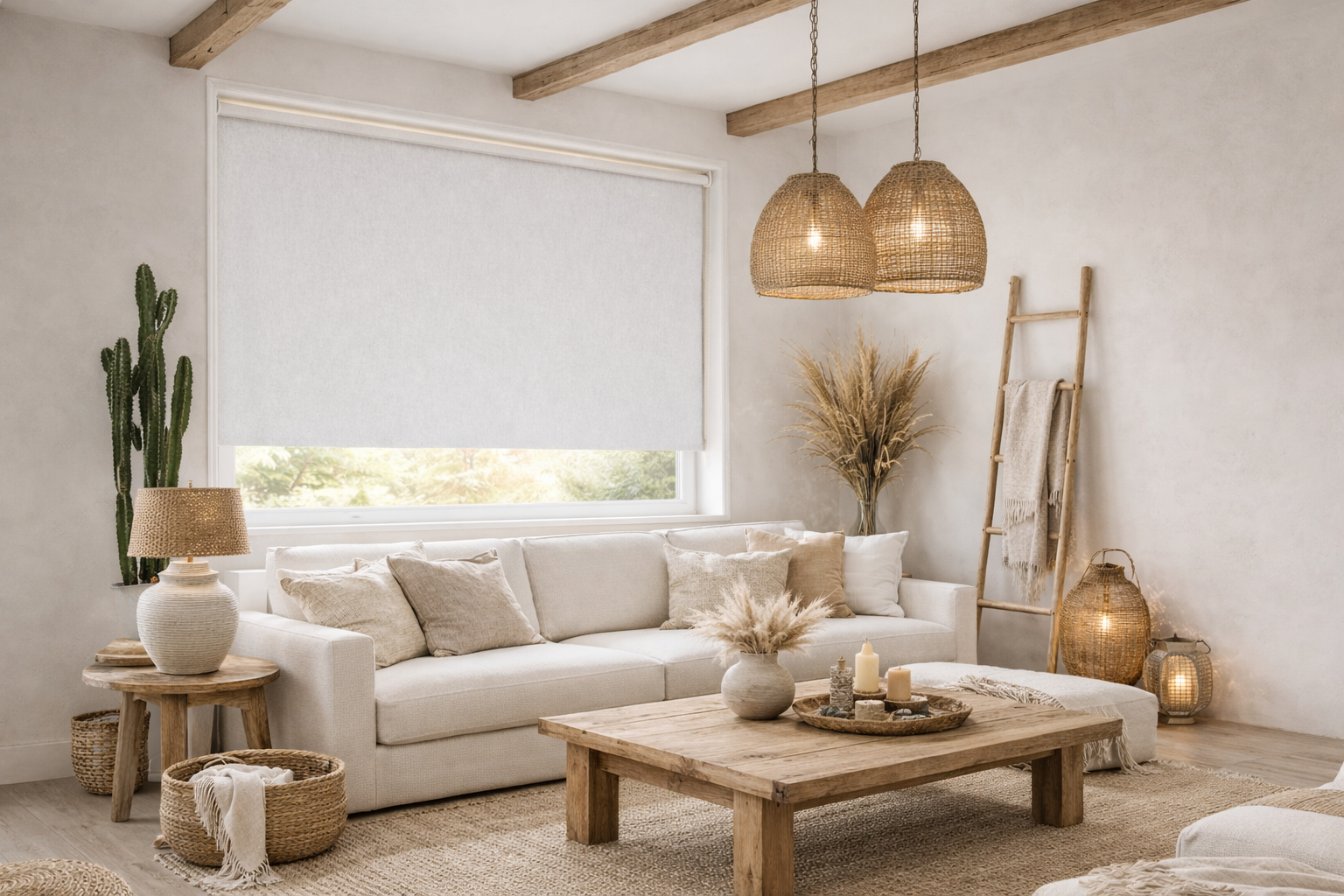 Ibiza-stijl woonkamer met natuurlijke materialen