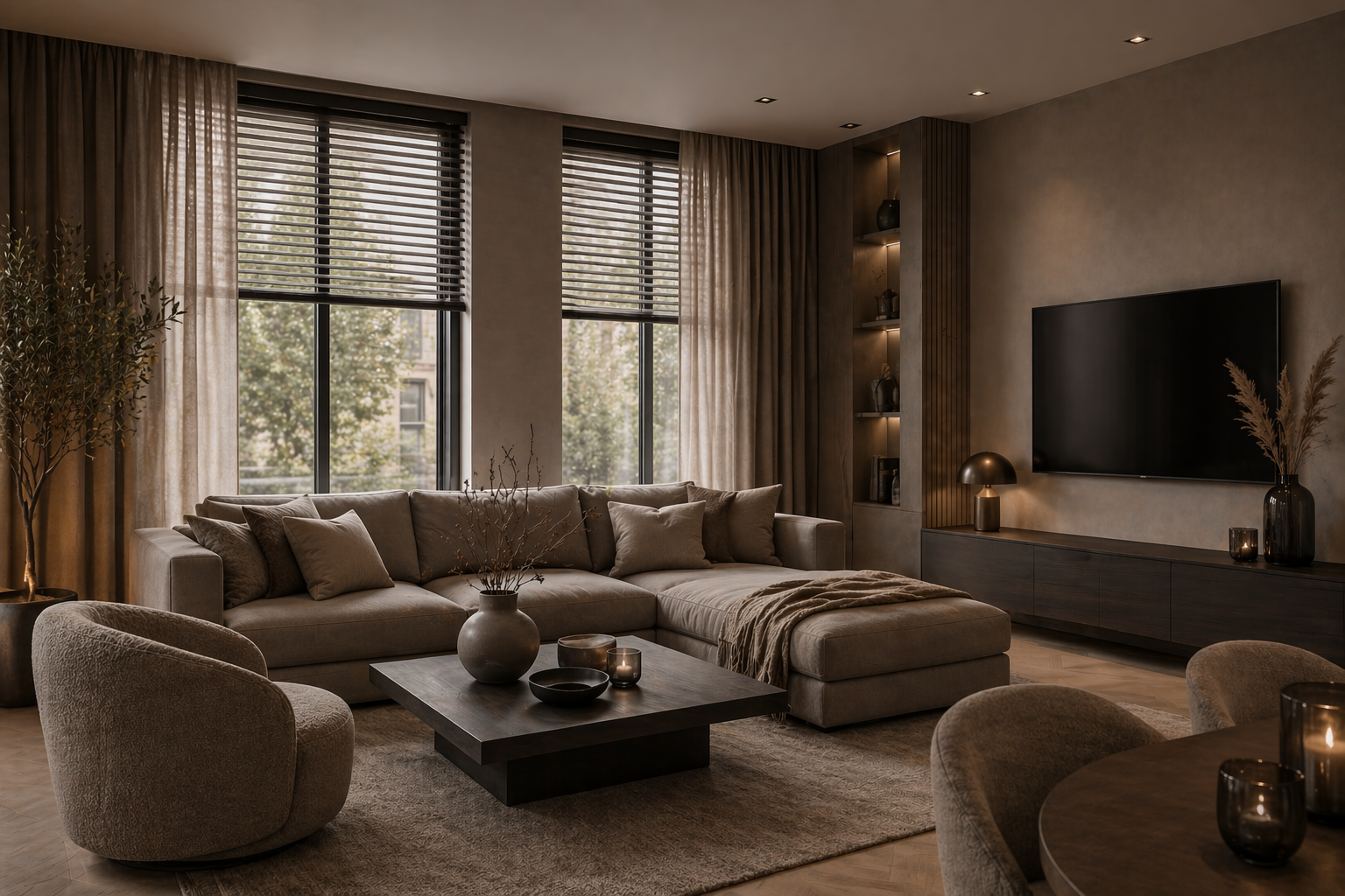 Urban taupe woonkamer met raamdecoratie