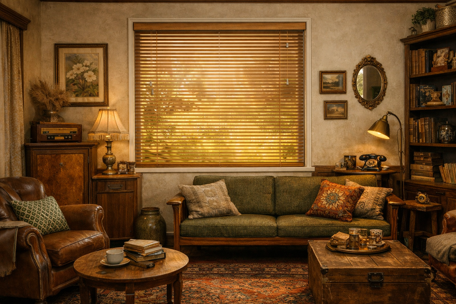 Houten jaloezie in een vintage woonstijl kamer